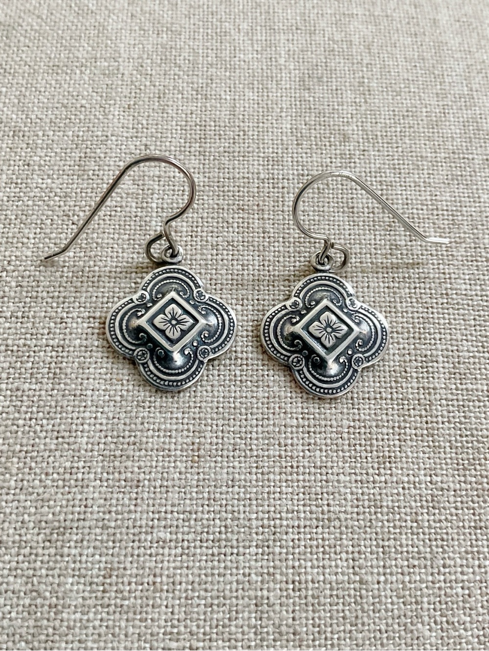 Art Deco Quatrefoil Silver Plated Earrings w/ Sterling Silver Ear Wires